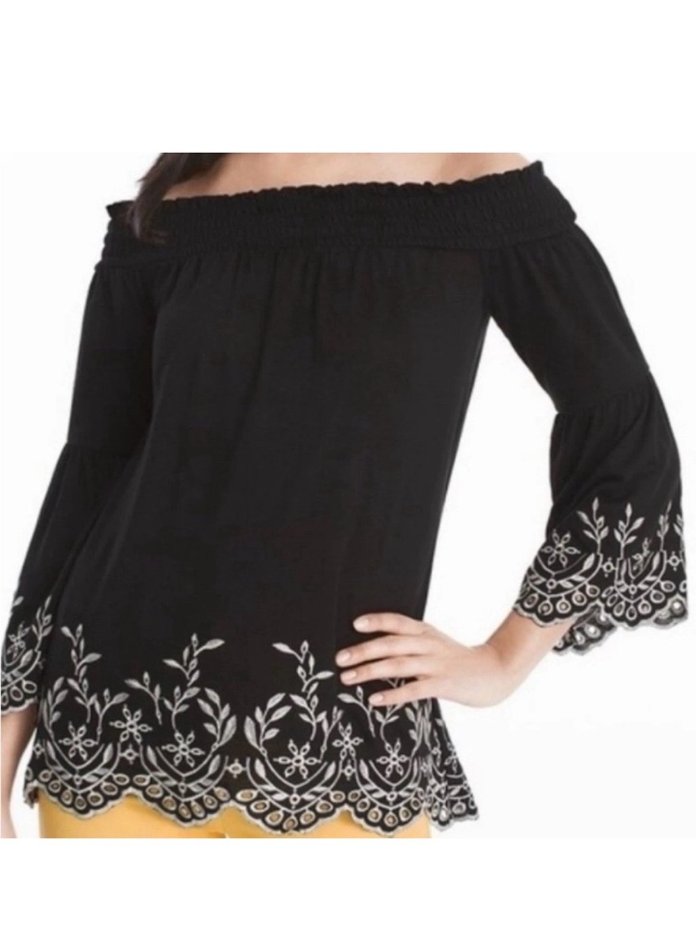 WHBM Black Embroidered Off-Shoulder Women’s Top